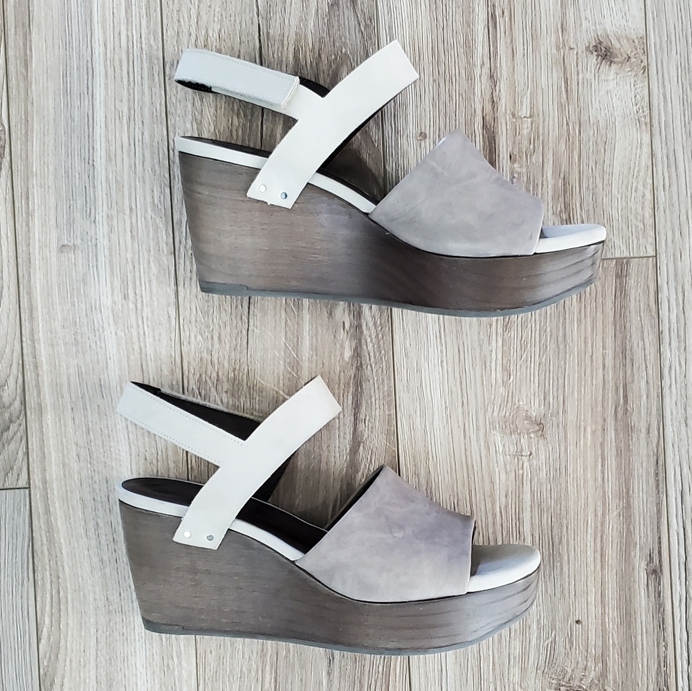 COCLICO Leather Wedge Platform Sandals, Grey, Open Toe, US 8, EU 38,